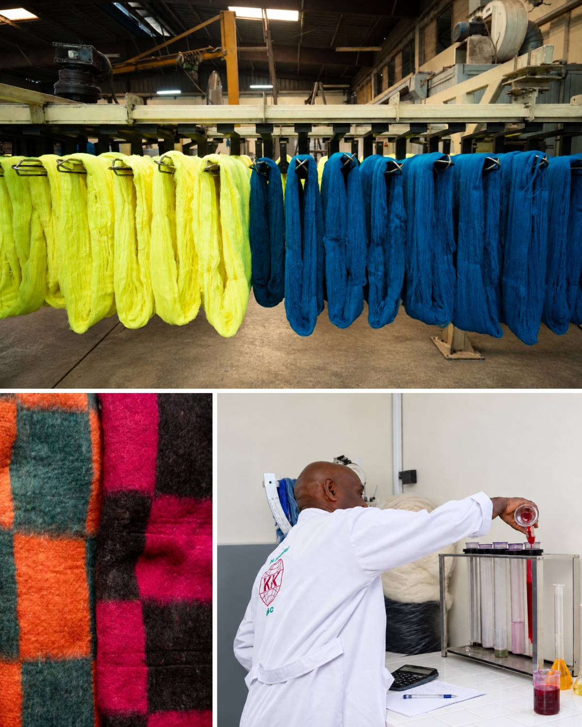 Freshly dyed acrylic yarn on cones inside an Ethiopian textile factory, a technician at work in the background
